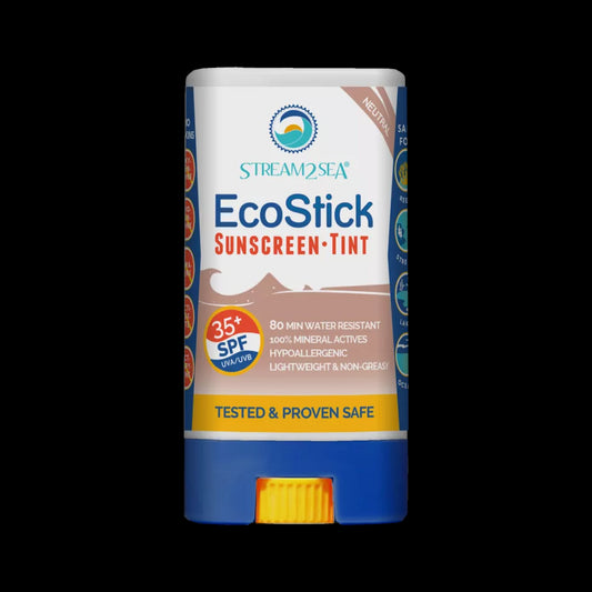 Stream2Sea 35+SPF Eco Stick-Tint Sunscreen – Reef Safe, mineral-based sun protection with a sheer tint for a natural, even glow.