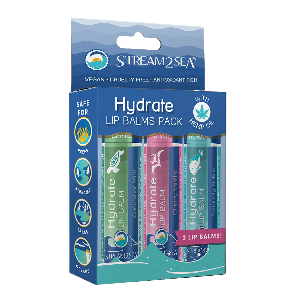 Hydrate Lip Balm 3-Pack – Reef Safe, eco-friendly lip care with nourishing ingredients for hydration and protection.