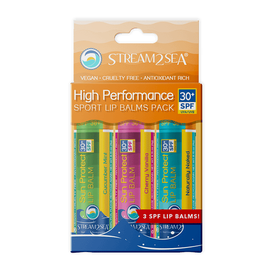 Stream2Sea Sun Protect Lip Balm 3-Pack – Reef Safe SPF 30+ lip balms in Cherry Vanilla, Naturally Naked & Cucumber Mint.