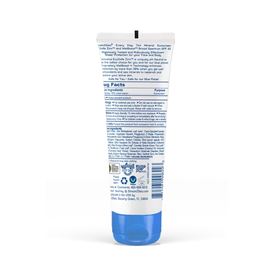 Stream2Sea Tinted Sunscreen – Reef Safe, mineral-based sun protection with a natural tint for a smooth, even skin tone.