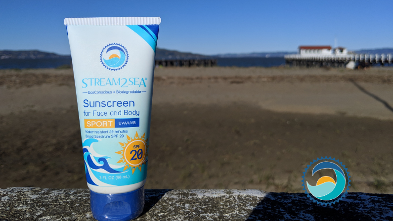 Bottle of Stream2Sea SPF 20 Sunscreen at the Beach Disproving Myths, What does SPF really mean, Broadspectrum non-nano mineral based sunscreens,