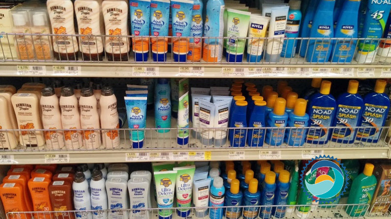Row of Sunscreen Avoid Harmful Ingredients, Naples Florida Publix grocery store supermarket shelves sale shopping sunscreen suntan lotion tanning competing brands products Hawaiian Tropic Banana