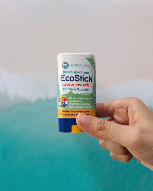 Stream2Sea Eco Stick Sunscreen for Kids – Reef Safe, biodegradable mineral sun protection, gentle for daily use.